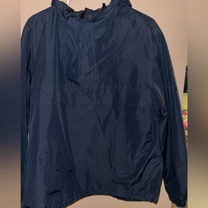 Navy blue windbreaker jacket with a hood
